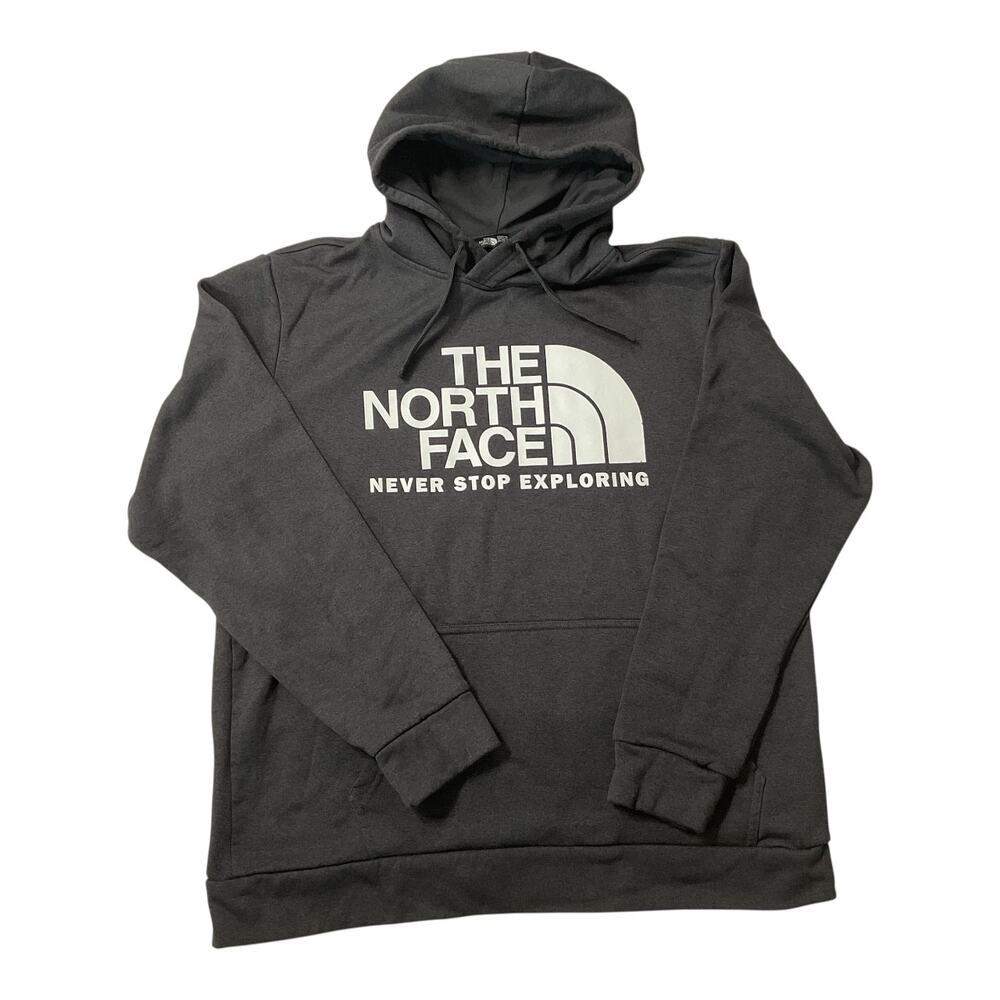 he North Face Hoodie Mens Gray Spellout Half Dome Never Stop Exploring Pullover